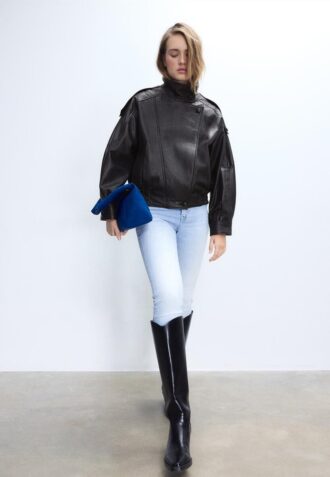 Oversize μπουφάν με πτερύγιο από 100% δερμάτινο δέρμα