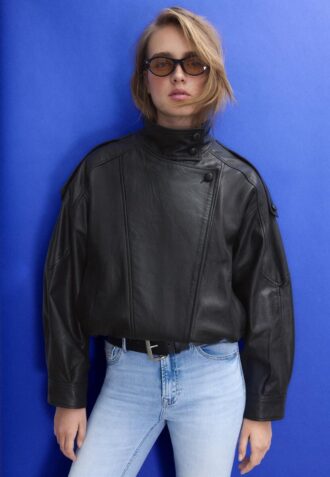 Oversize μπουφάν με πτερύγιο από 100% δερμάτινο δέρμα