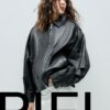 Oversize μπουφάν με πτερύγιο από 100% δερμάτινο δέρμα Oversize μπουφάν με πτερύγιο από 100% δερμάτινο δέρμα