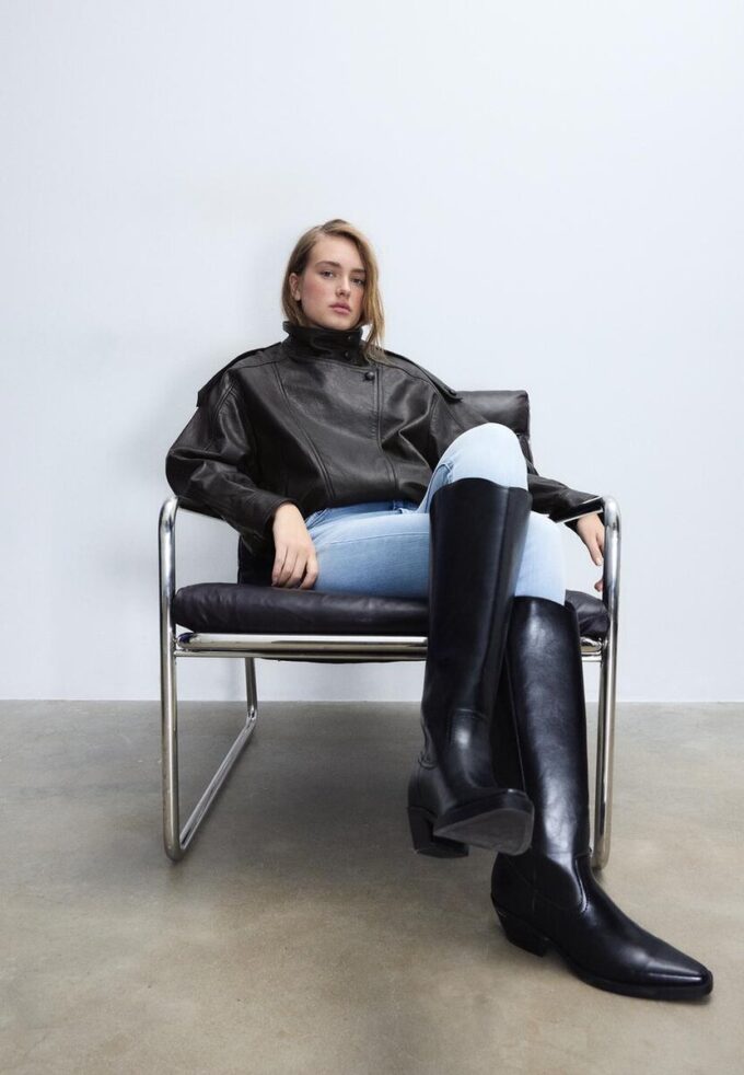 Oversize μπουφάν με πτερύγιο από 100% δερμάτινο δέρμα Oversize μπουφάν με πτερύγιο από 100% δερμάτινο δέρμα