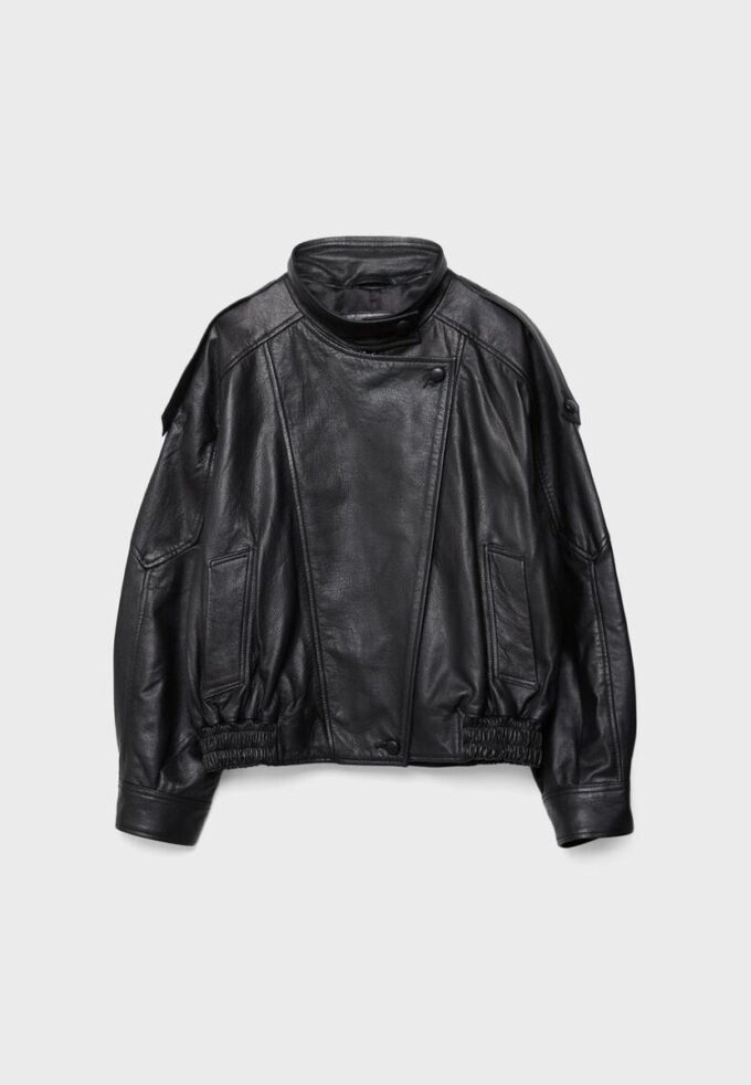 Oversize μπουφάν με πτερύγιο από 100% δερμάτινο δέρμα Oversize μπουφάν με πτερύγιο από 100% δερμάτινο δέρμα